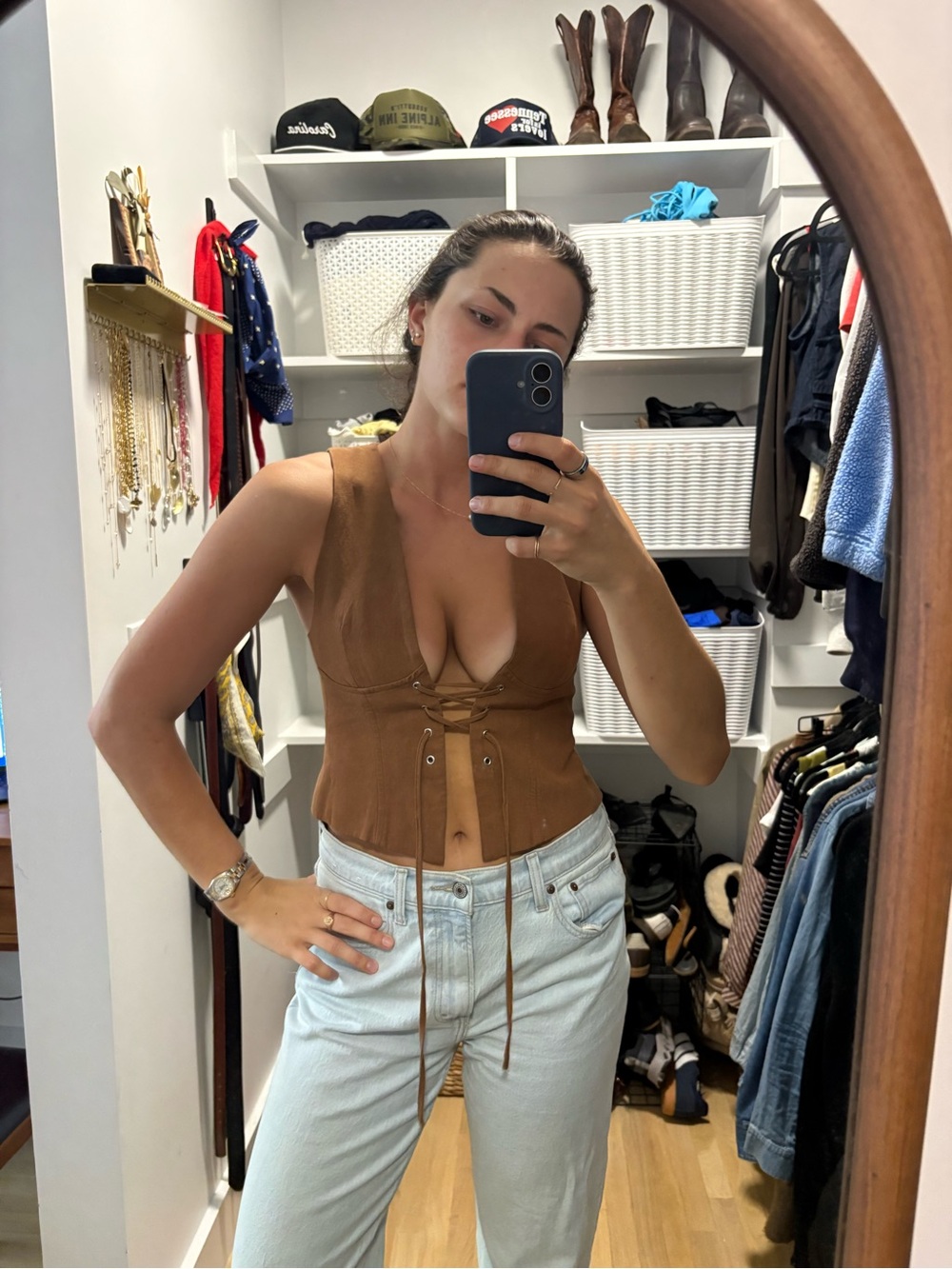 Zara Brown Lace-Up Suede-Look Cropped Tank Top